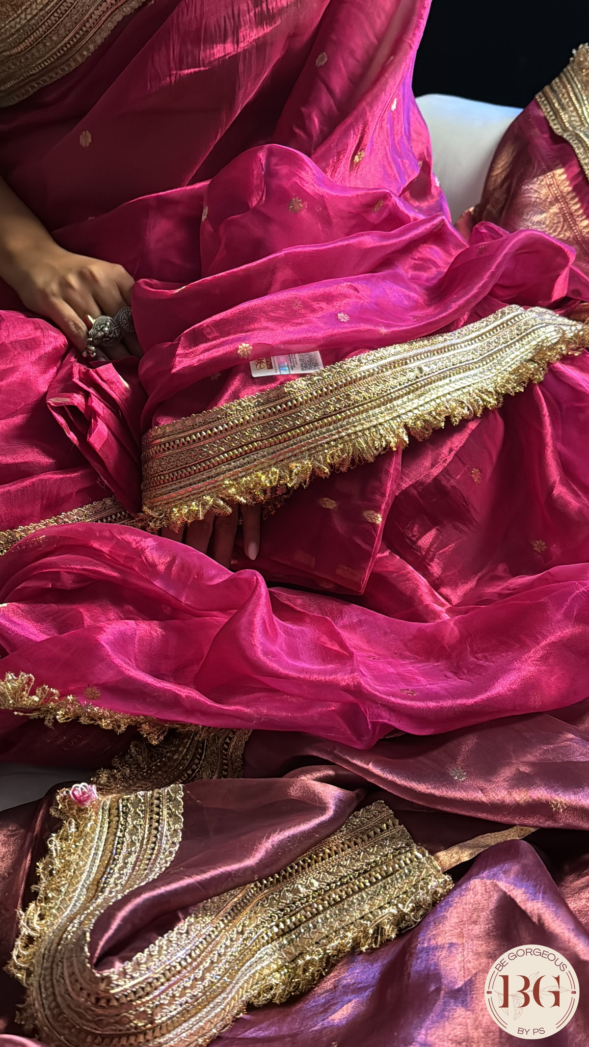 Banarasi Handwoven Tissue Silk Saree with gota lace - Rani Pink