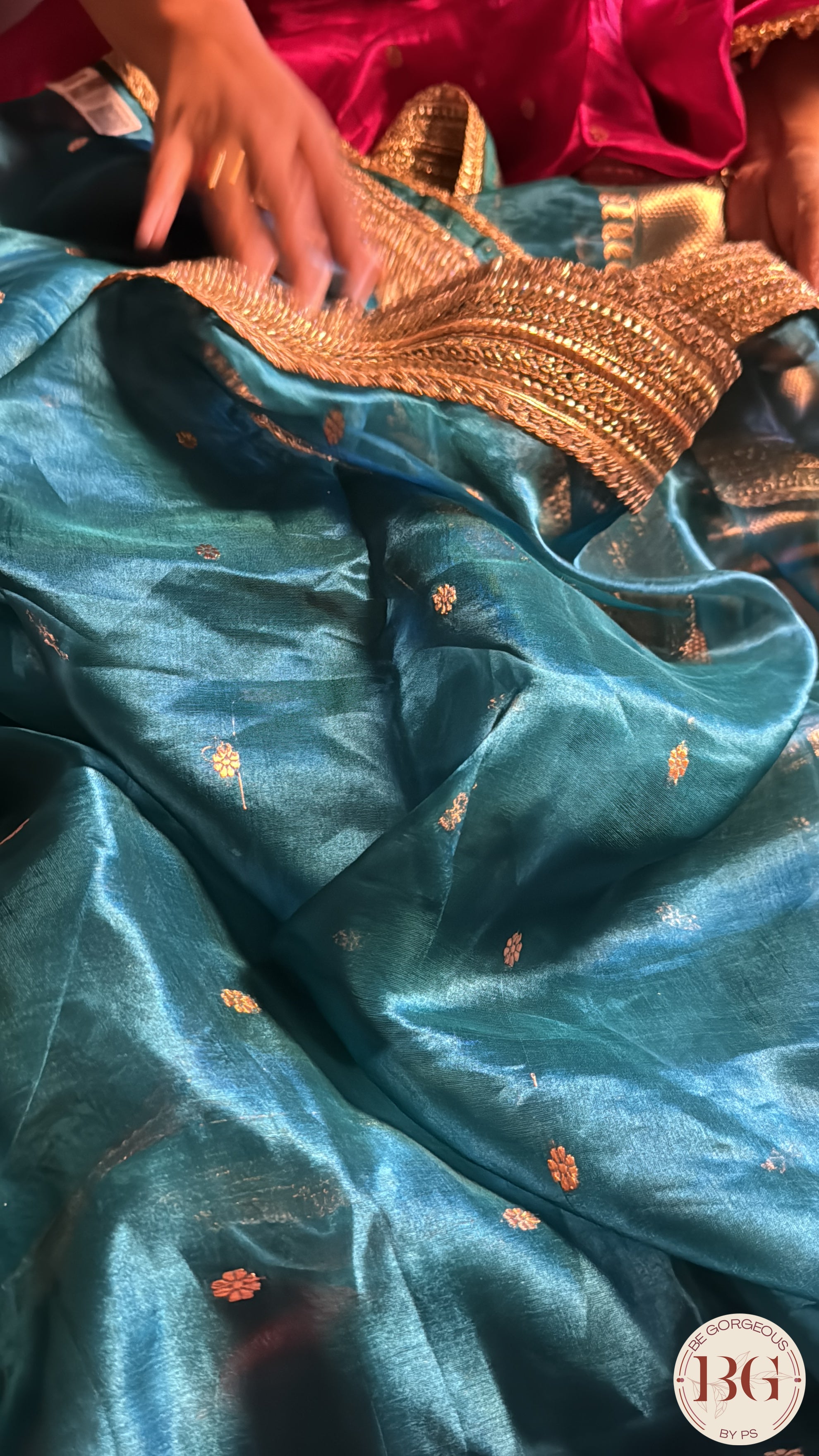 Banarasi Handwoven Tissue Silk Saree with gota lace - Peacock Blue