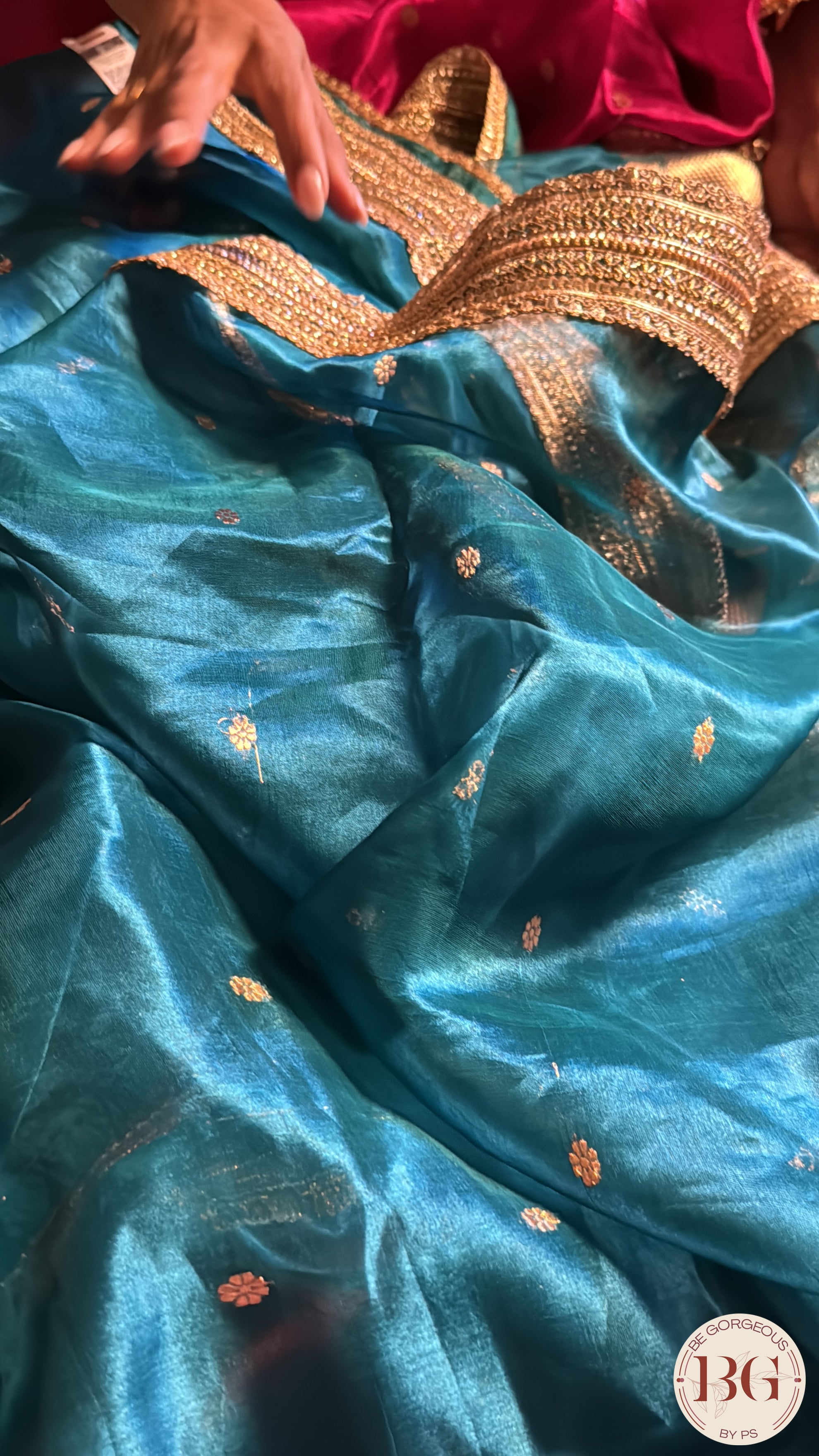 Banarasi Handwoven Tissue Silk Saree with gota lace - Peacock Blue