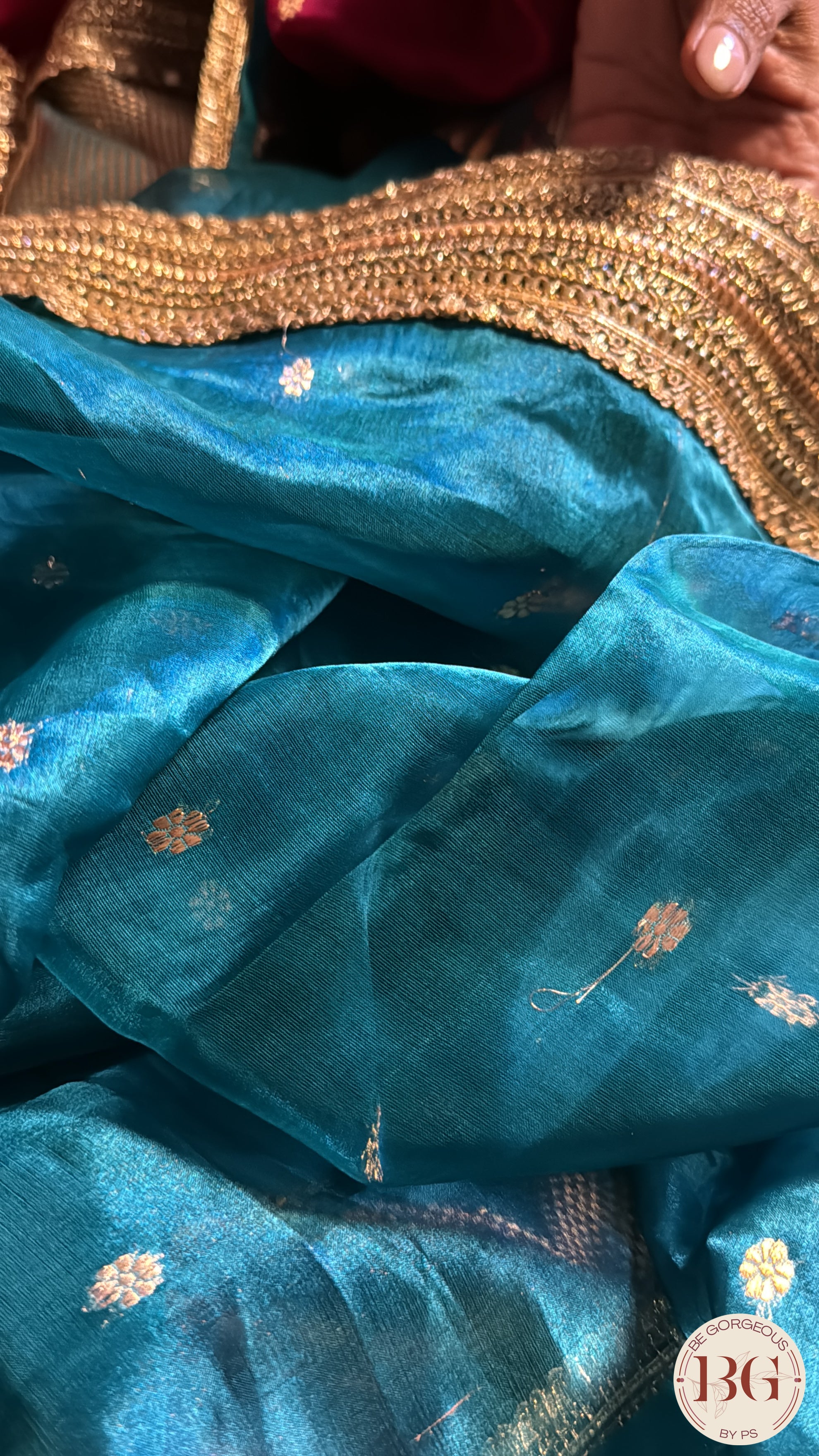 Banarasi Handwoven Tissue Silk Saree with gota lace - Peacock Blue