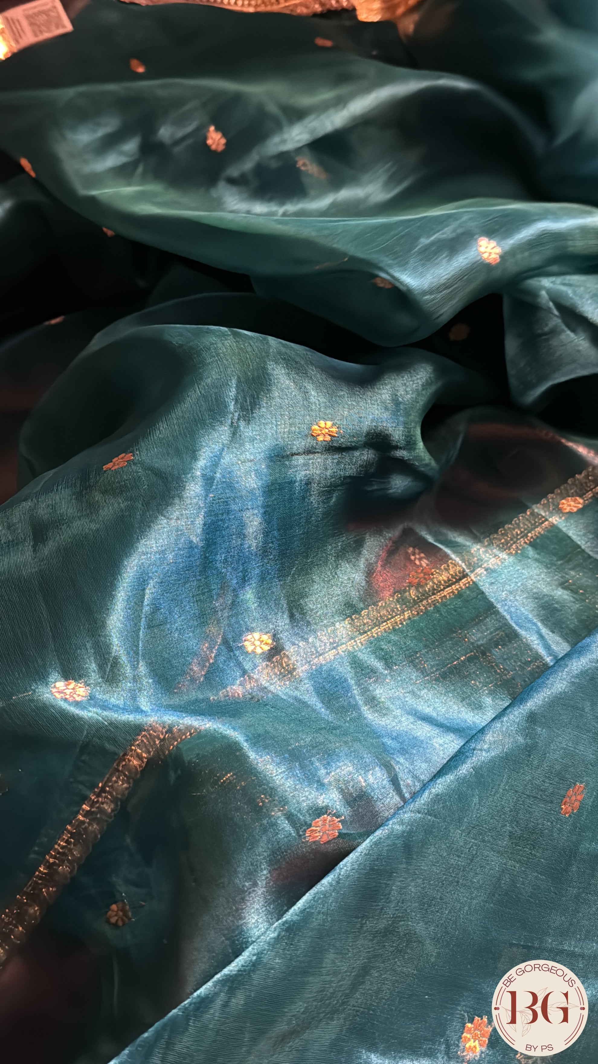 Banarasi Handwoven Tissue Silk Saree with gota lace - Peacock Blue