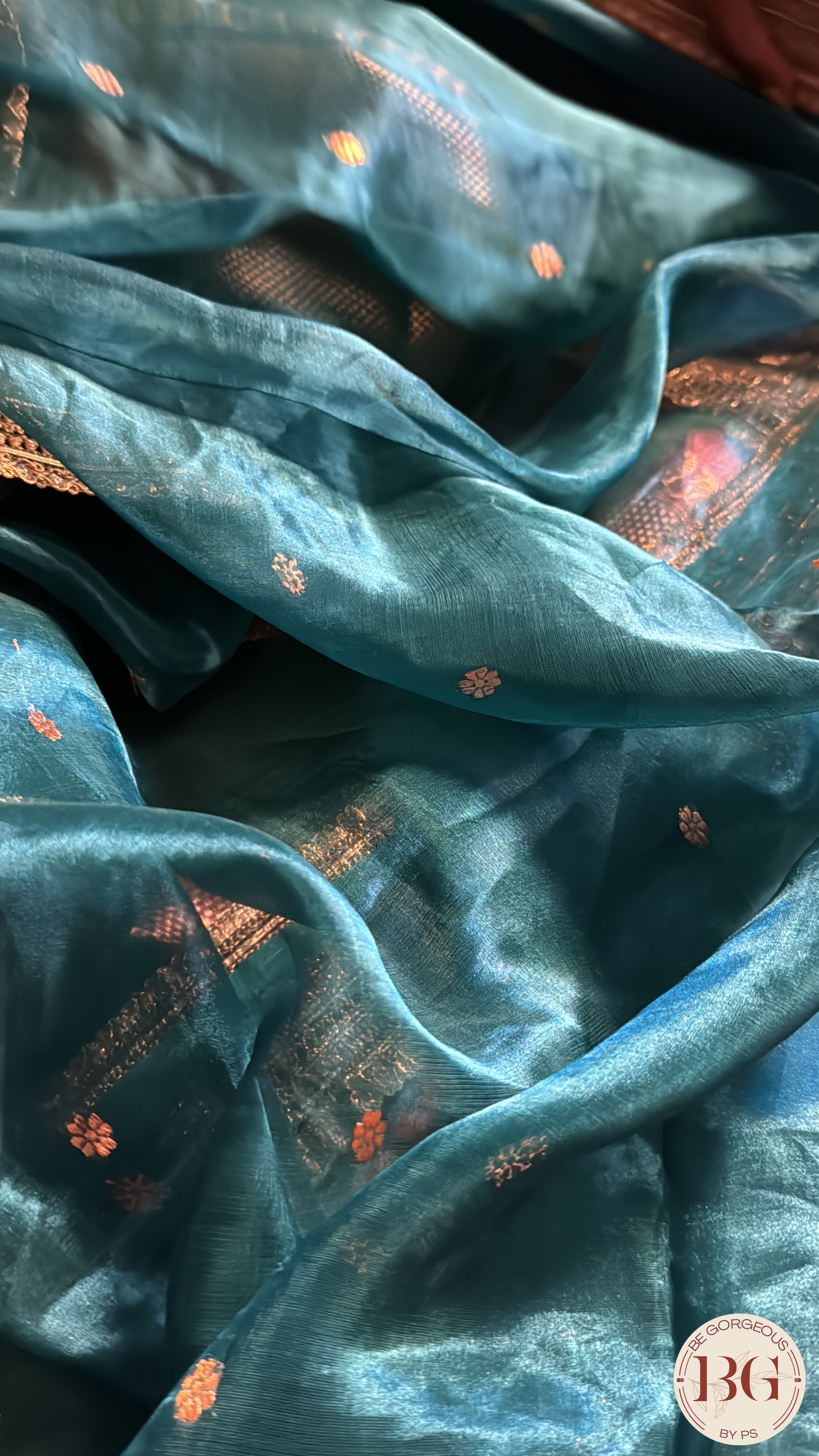 Banarasi Handwoven Tissue Silk Saree with gota lace - Peacock Blue