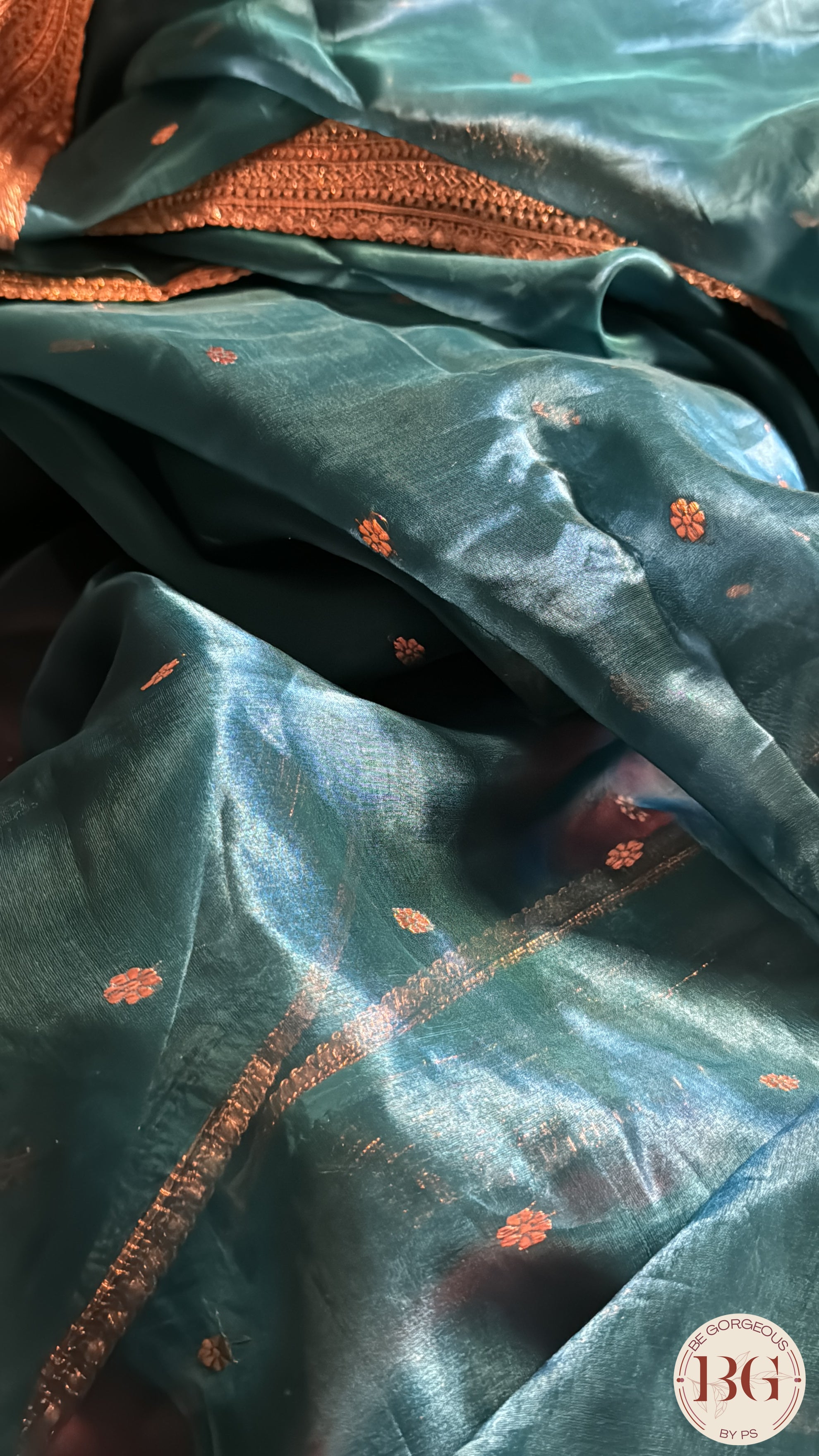 Banarasi Handwoven Tissue Silk Saree with gota lace - Peacock Blue