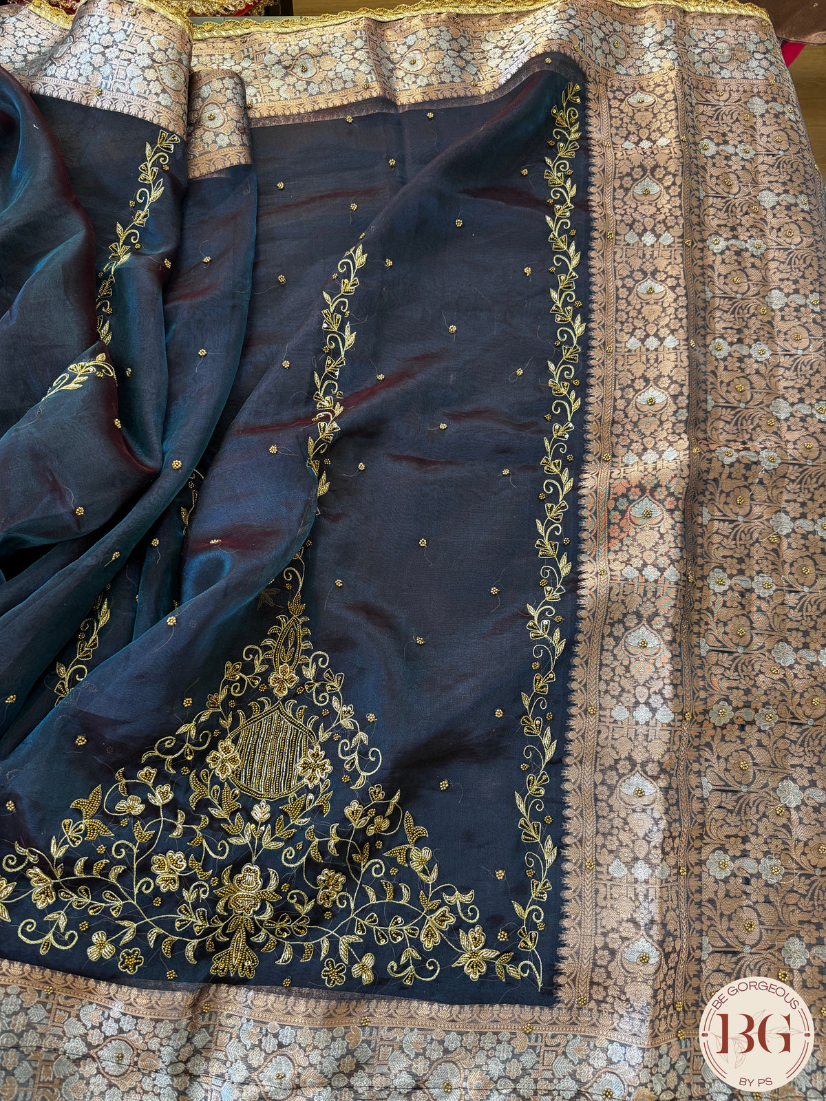 Pure banarasi tissue silk handwoven saree with gotapatti borders and hand stonework