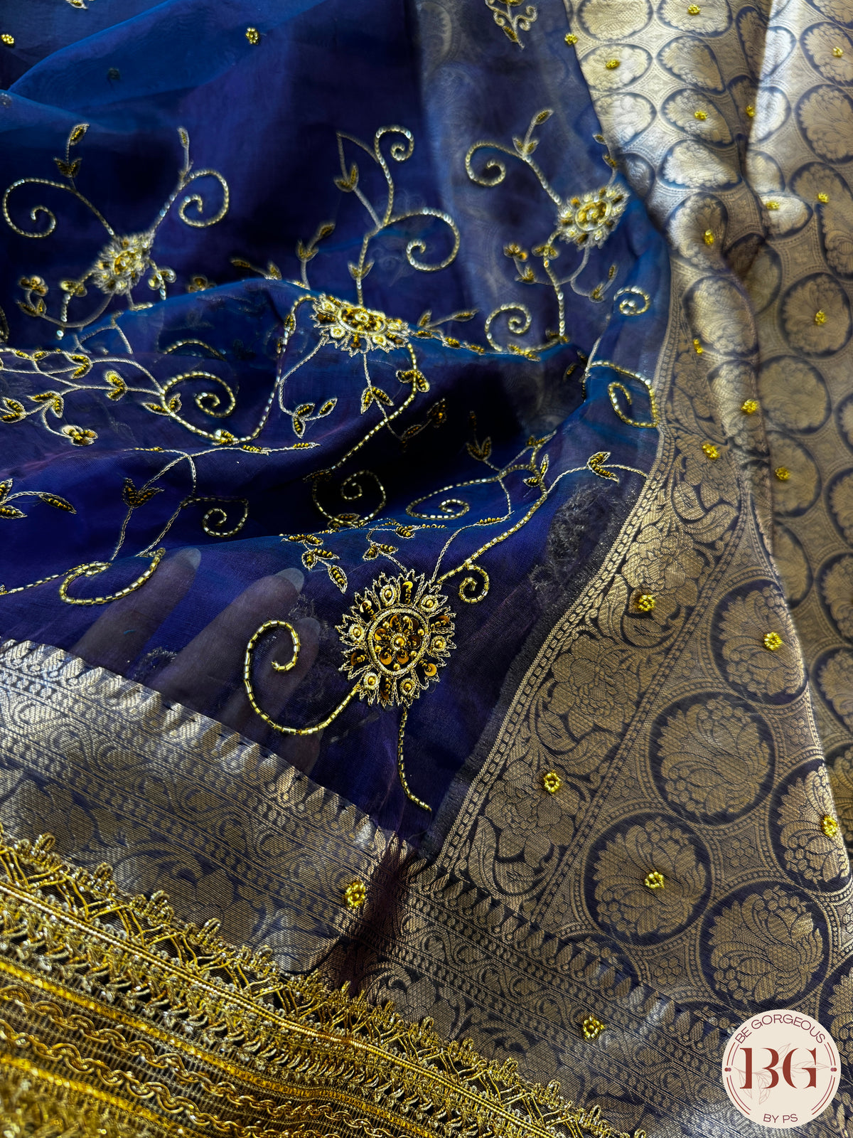 Pure banarasi tissue silk handwoven saree with gotapatti borders and hand stonework