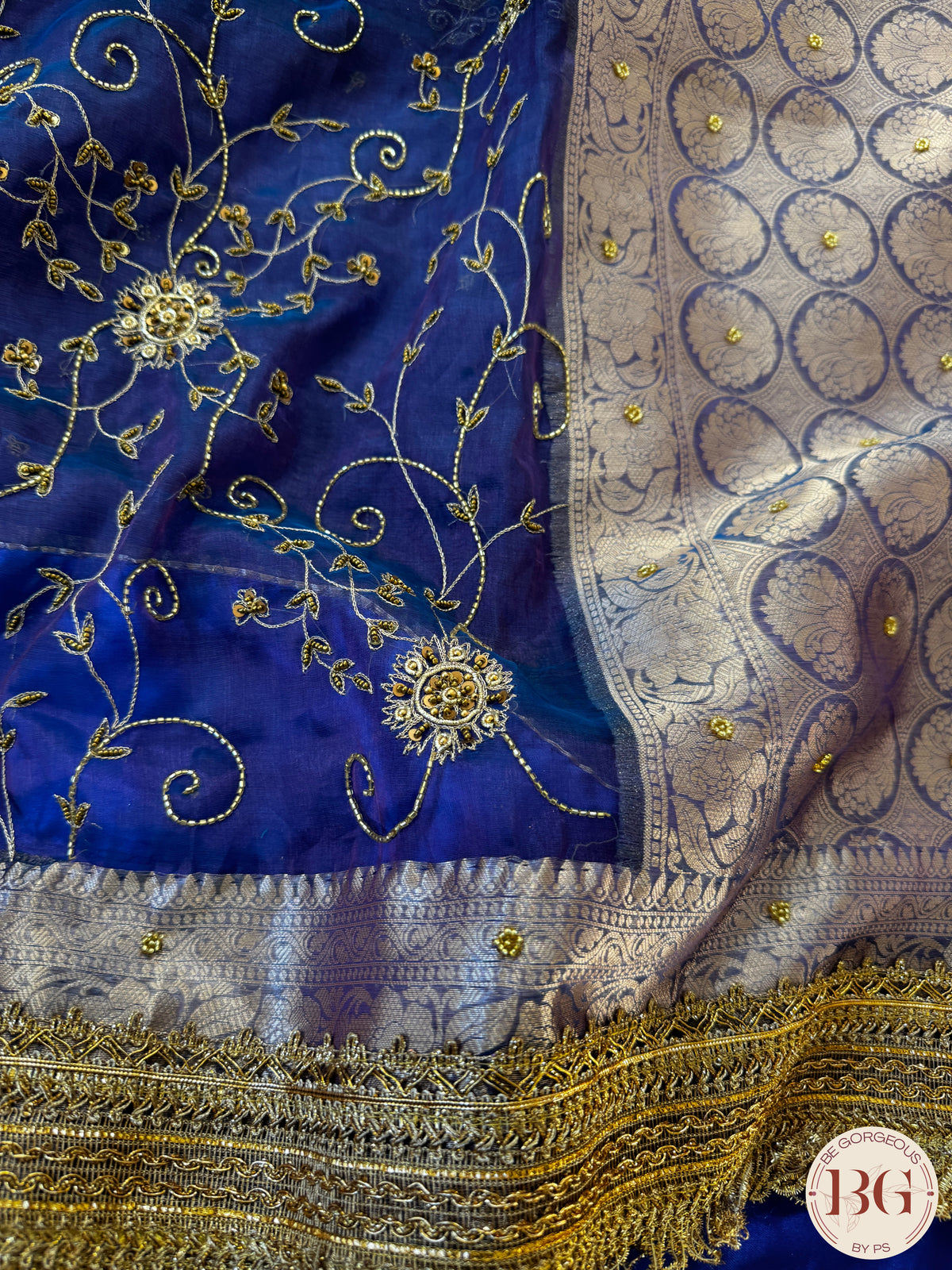 Pure banarasi tissue silk handwoven saree with gotapatti borders and hand stonework