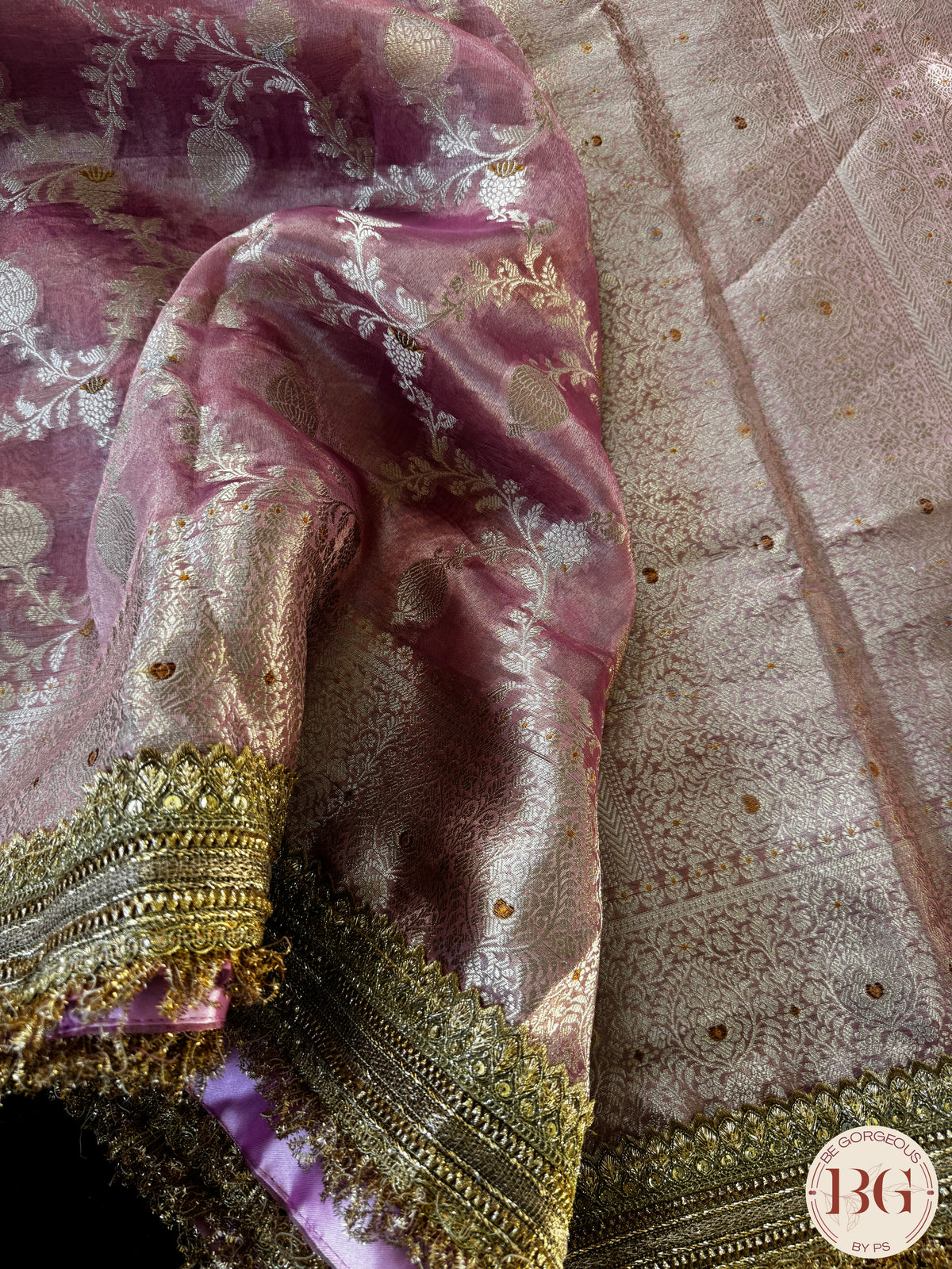 Pure banarasi tissue silk handwoven saree with weaving, gotapatti borders and hand stonework