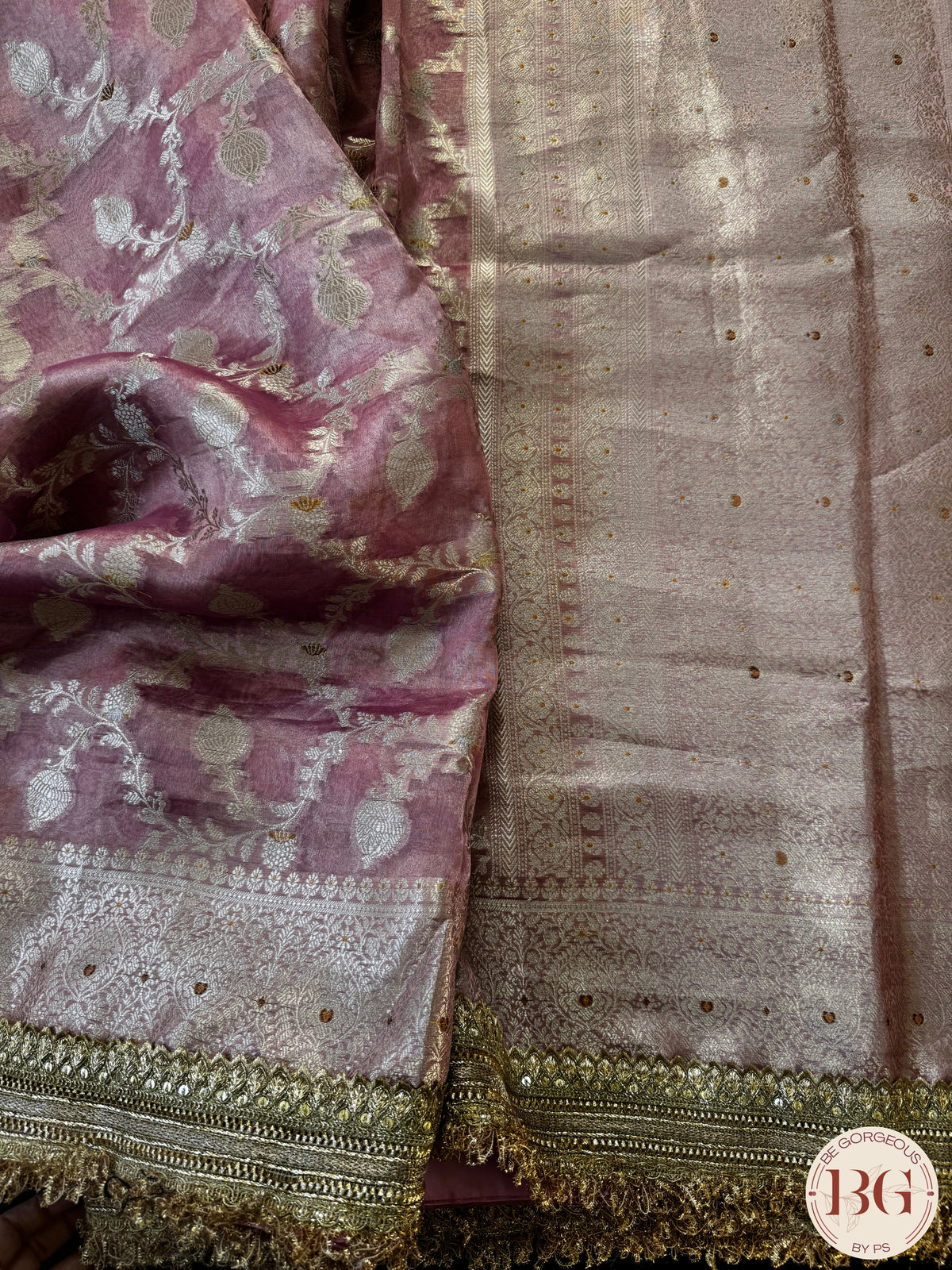 Pure banarasi tissue silk handwoven saree with weaving, gotapatti borders and hand stonework