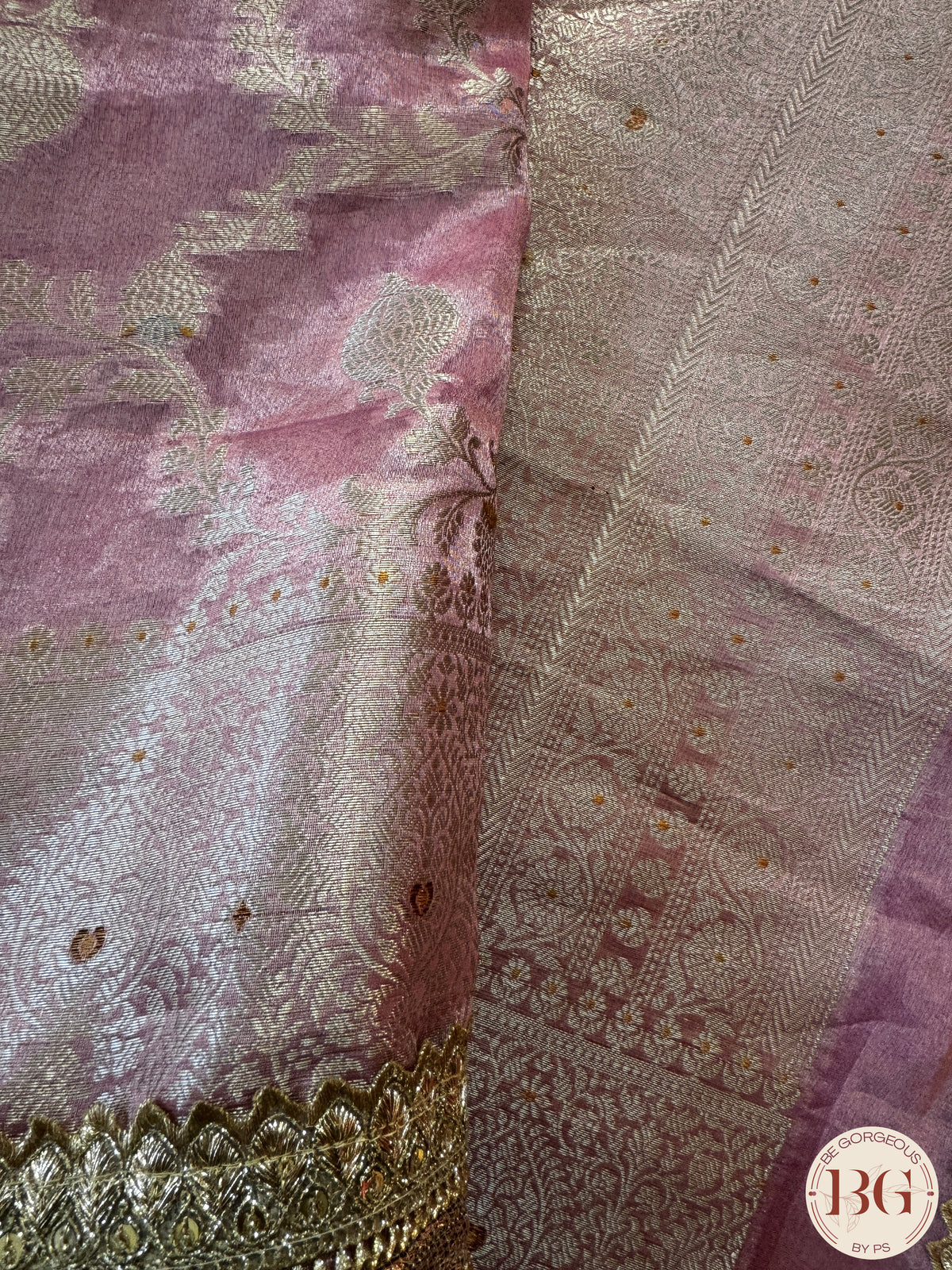 Pure banarasi tissue silk handwoven saree with weaving, gotapatti borders and hand stonework