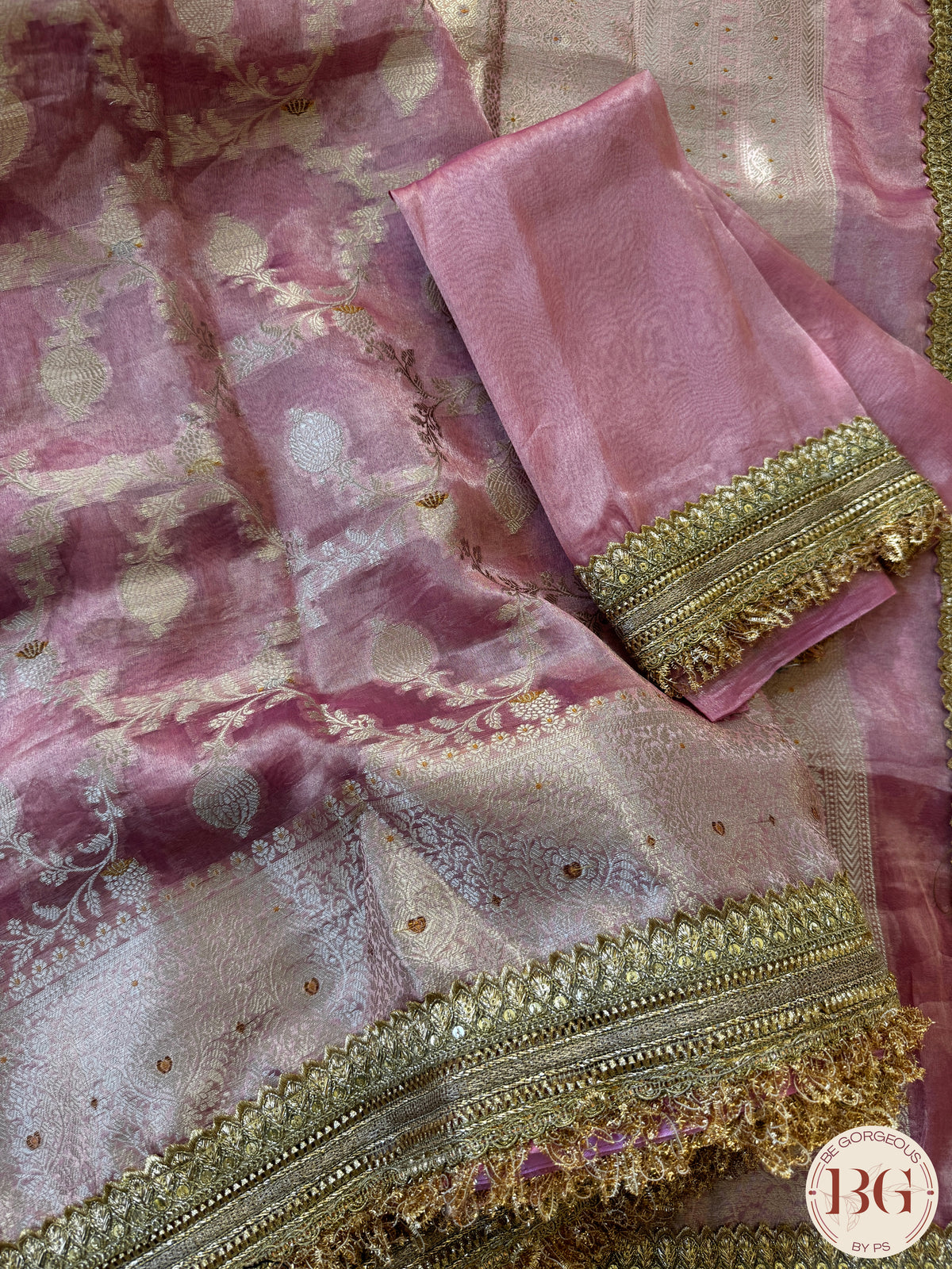 Pure banarasi tissue silk handwoven saree with weaving, gotapatti borders and hand stonework