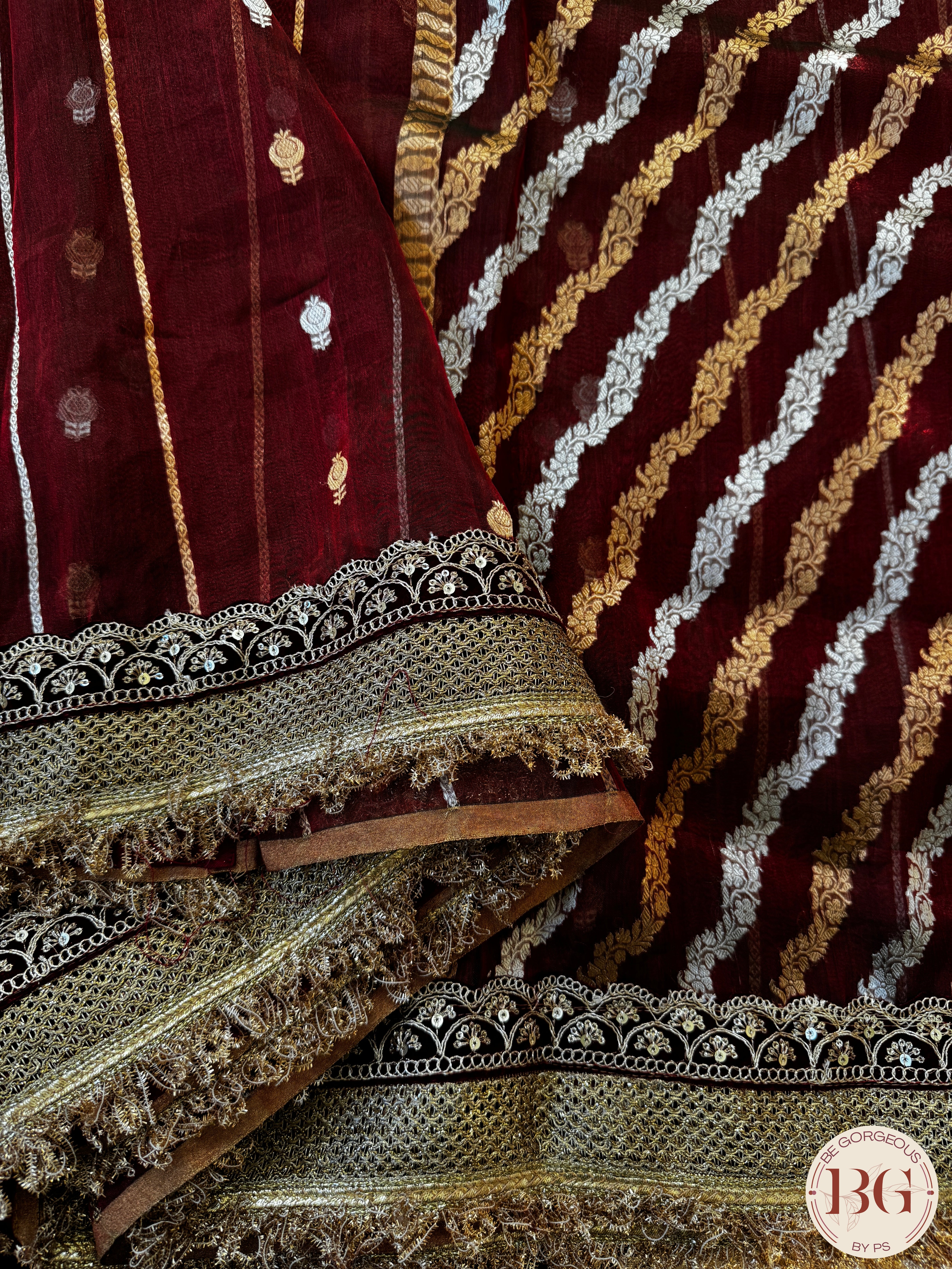 Pure banarasi tissue silk handwoven saree with weaving, gotapatti borders and hand stonework