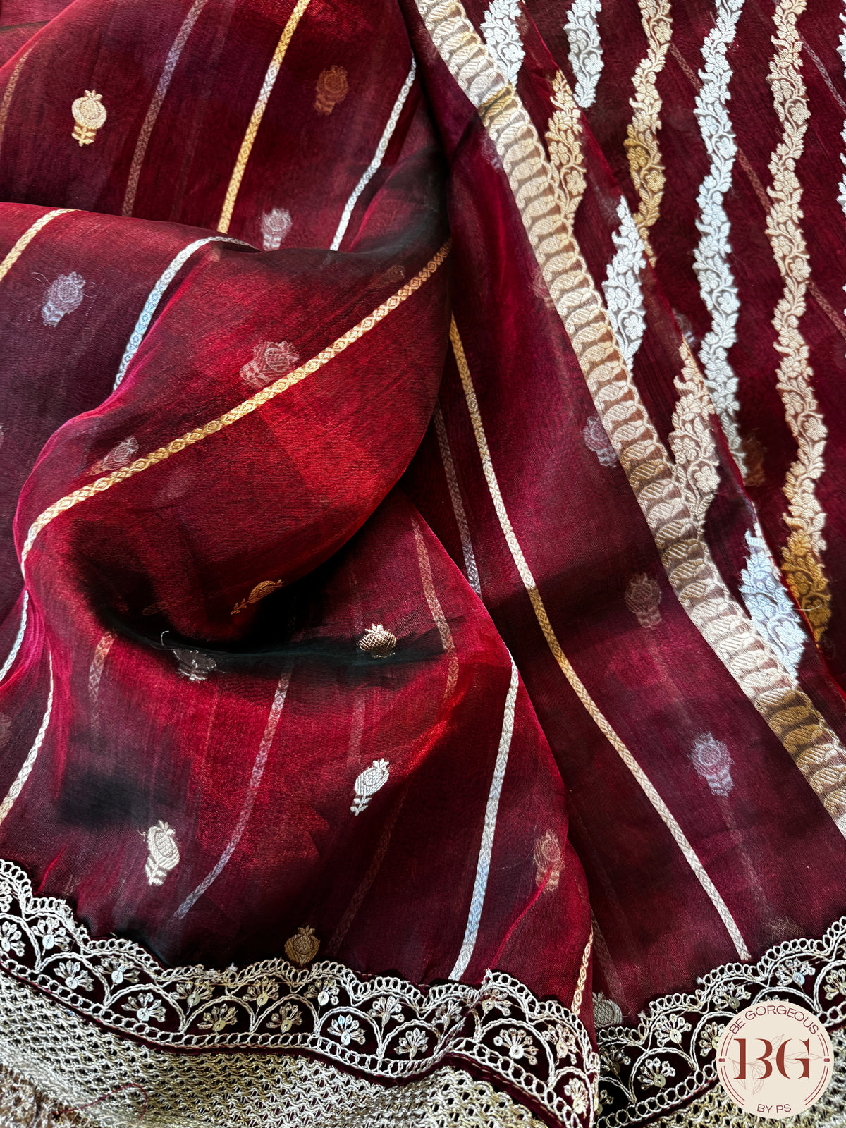 Pure banarasi tissue silk handwoven saree with weaving, gotapatti borders and hand stonework