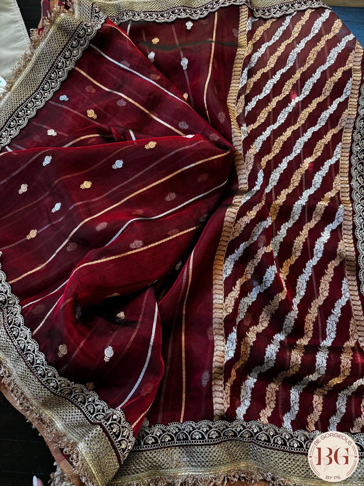 Pure banarasi tissue silk handwoven saree with weaving, gotapatti borders and hand stonework