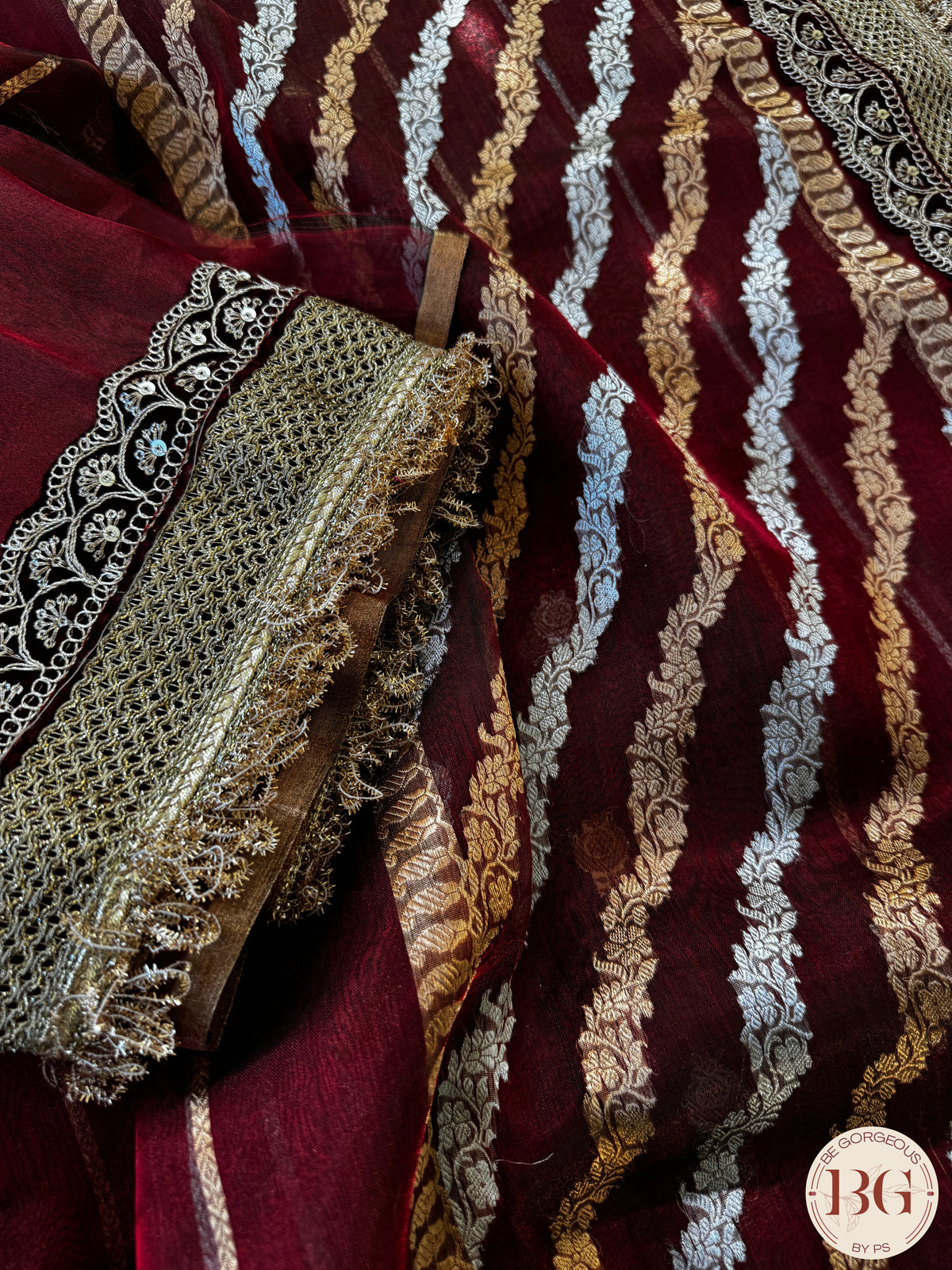 Pure banarasi tissue silk handwoven saree with weaving, gotapatti borders and hand stonework