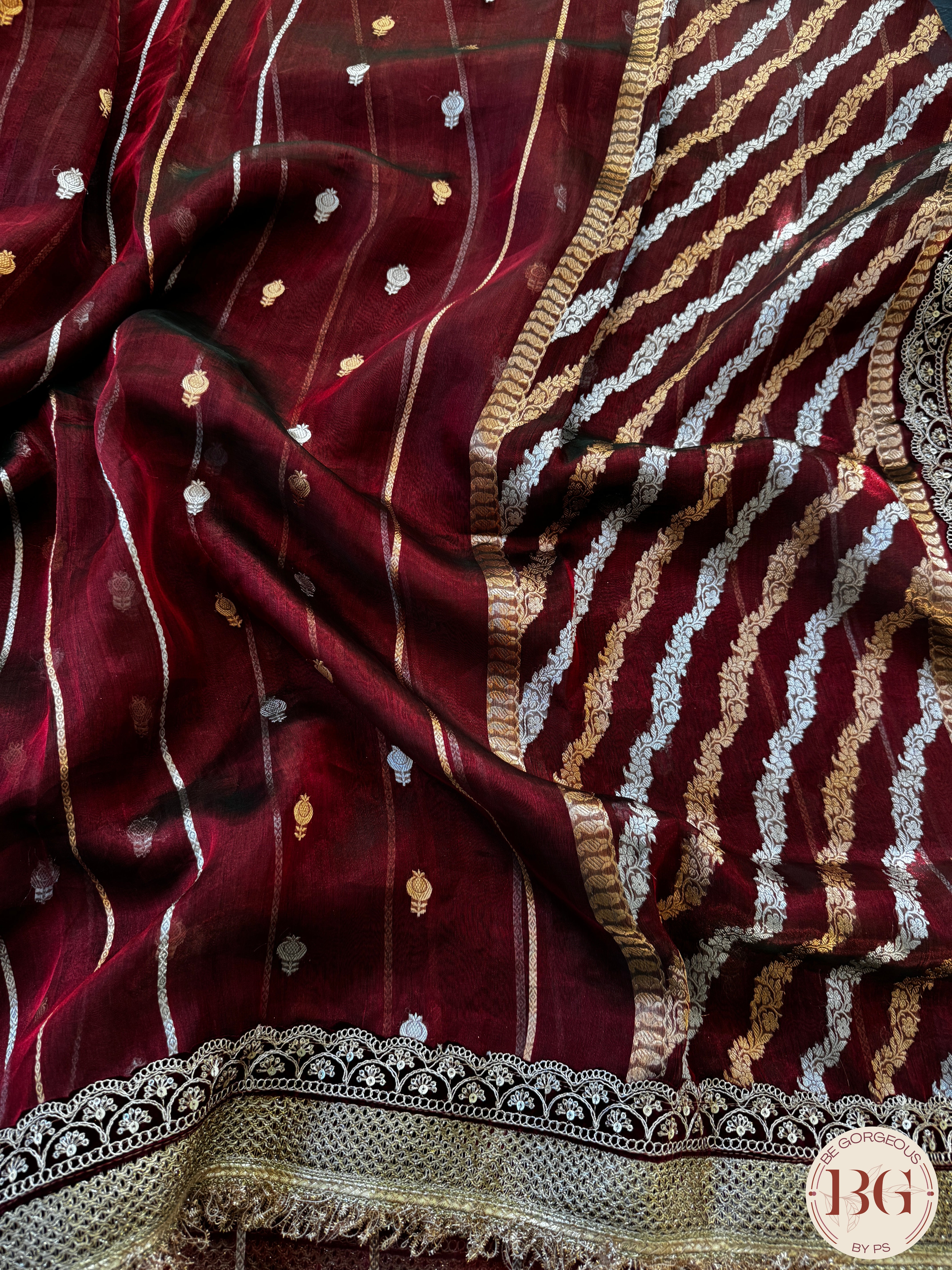 Pure banarasi tissue silk handwoven saree with weaving, gotapatti borders and hand stonework