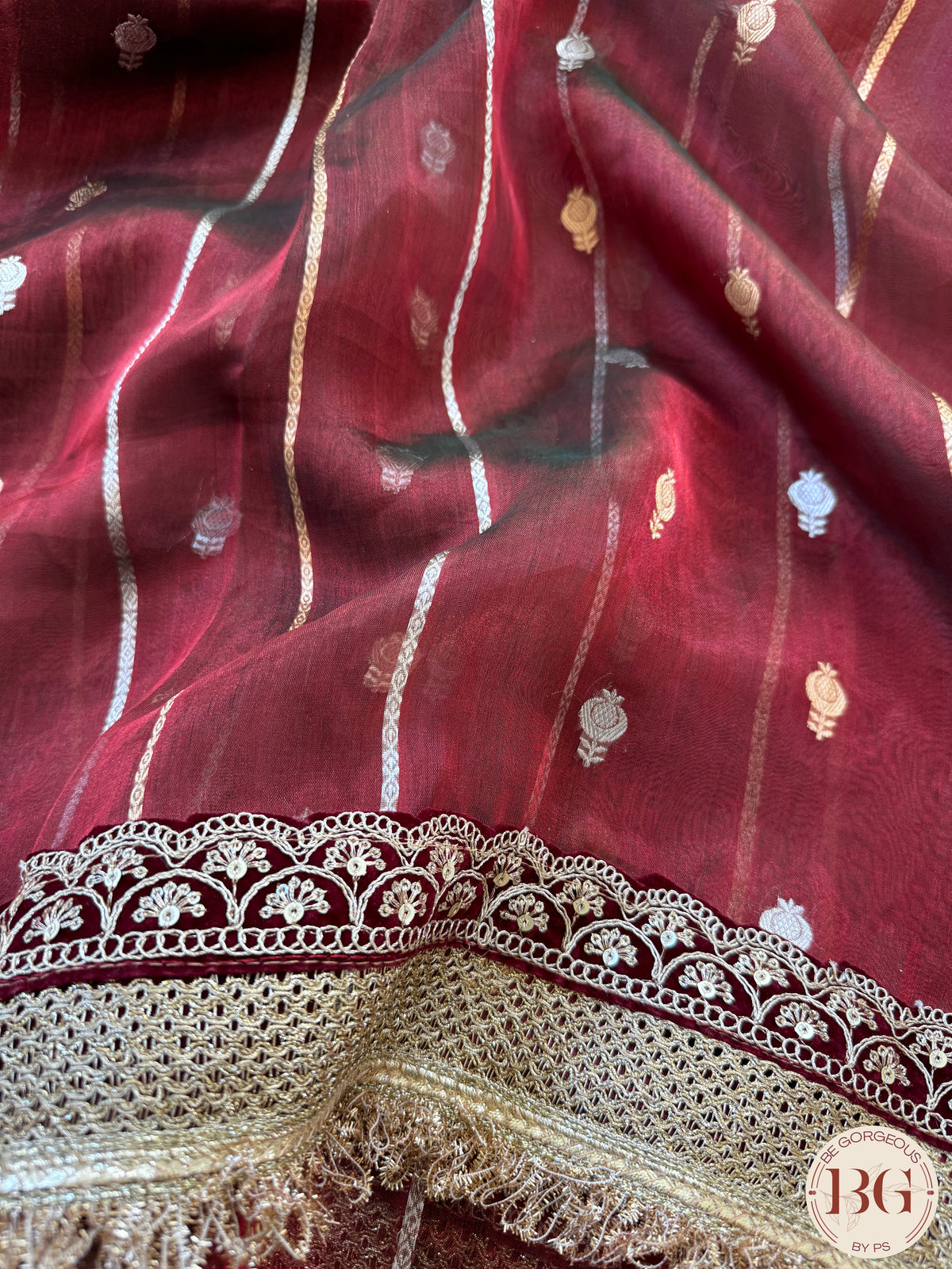 Pure banarasi tissue silk handwoven saree with weaving, gotapatti borders and hand stonework