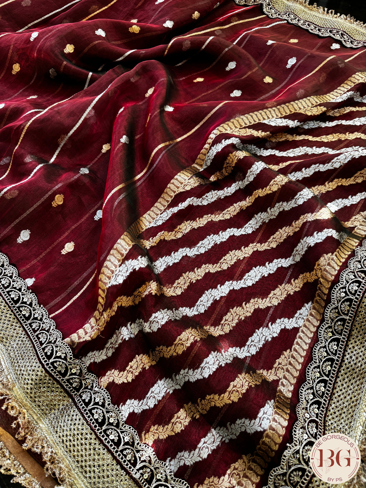 Pure banarasi tissue silk handwoven saree with weaving, gotapatti borders and hand stonework