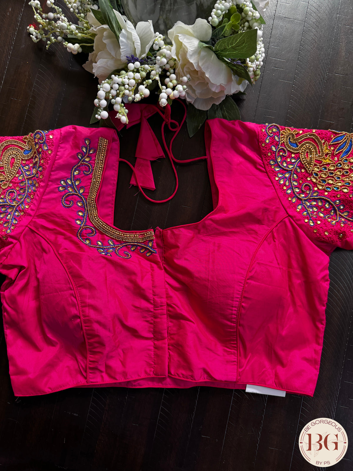 Maggam Work Readymade Padded Blouse with multicolor thread work, front hooks with sleeves  - Rani Pink