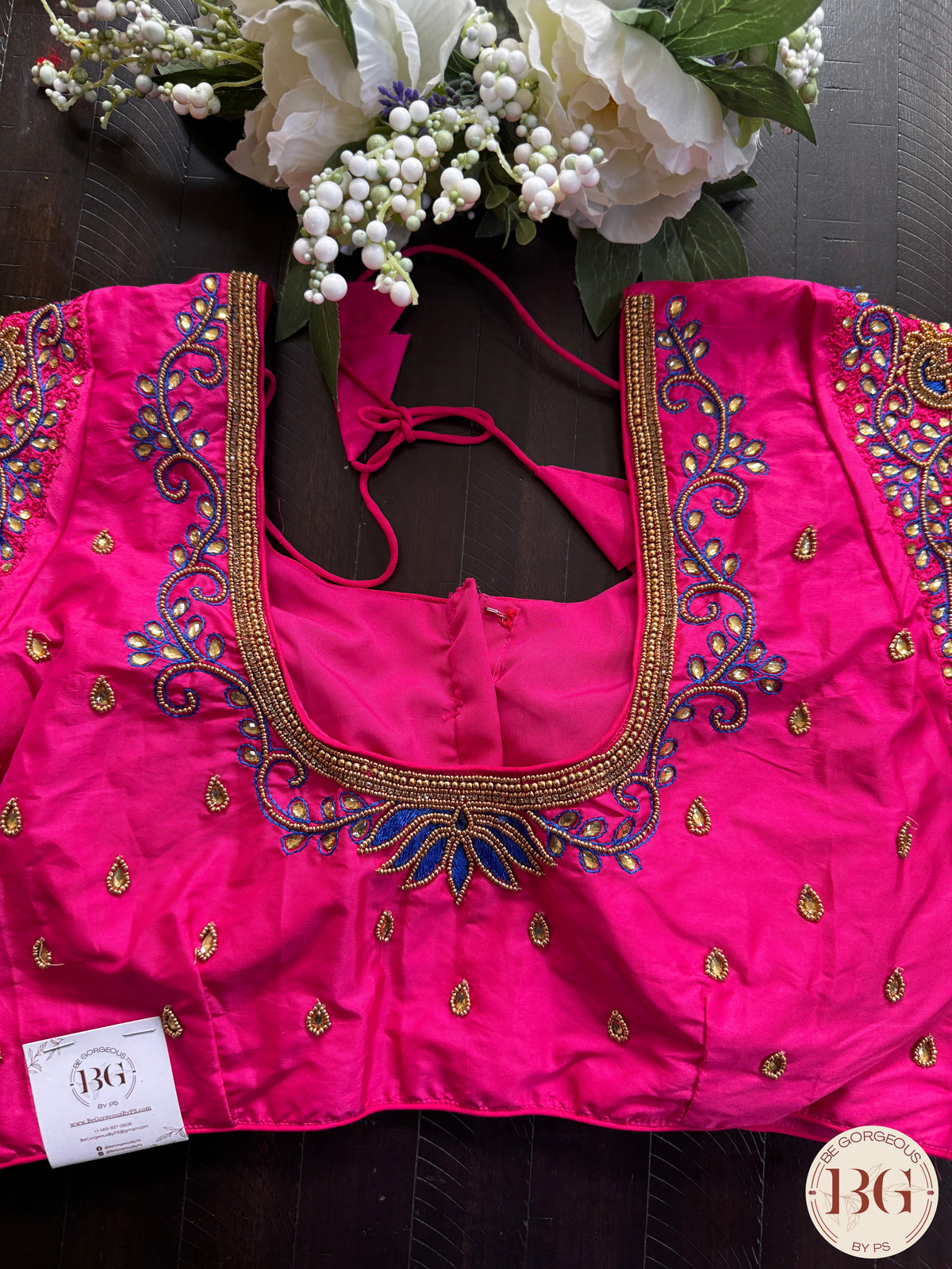 Maggam Work Readymade Padded Blouse with multicolor thread work, front hooks with sleeves  - Rani Pink