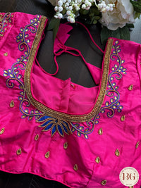 Maggam Work Readymade Padded Blouse with multicolor thread work, front hooks with sleeves  - Rani Pink