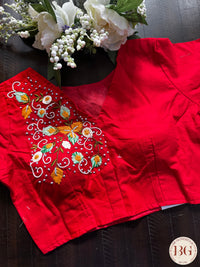 Cotton embroidedred padded readymade blouse with 3/4th sleeves and front hooks - red