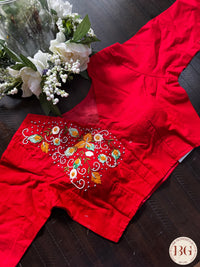 Cotton embroidedred padded readymade blouse with 3/4th sleeves and front hooks - red