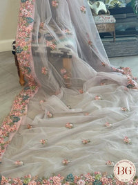 Net saree with embroidery - baby pink