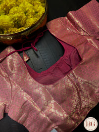 Brocade padded readymade blouse with front hooks and sleeves - pink