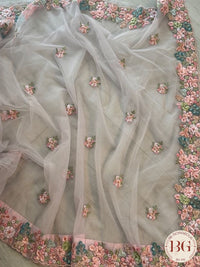 Net saree with embroidery - baby pink