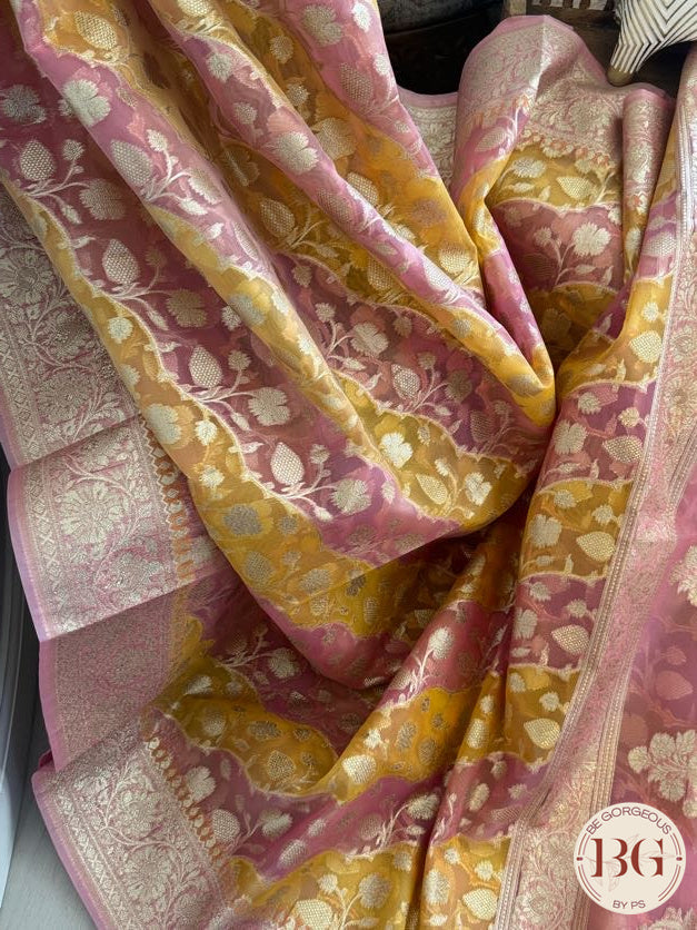 Kora banarasi saree - yellow pink