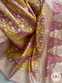 Kora banarasi saree - yellow pink