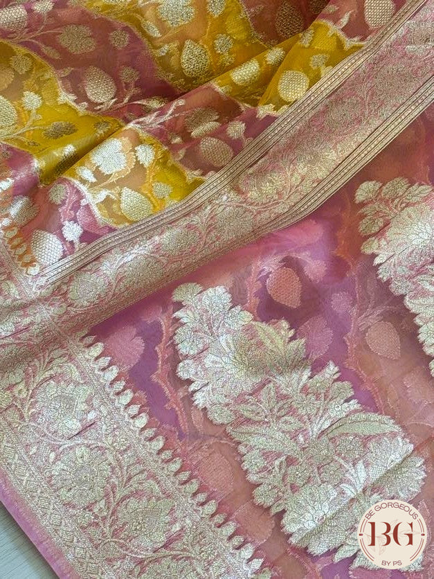 Kora banarasi saree - yellow pink