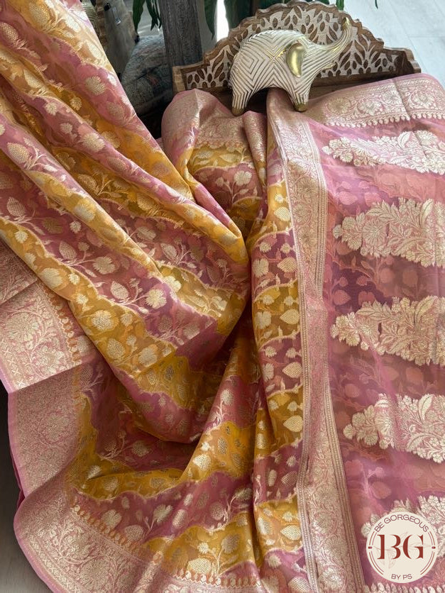 Kora banarasi saree - yellow pink