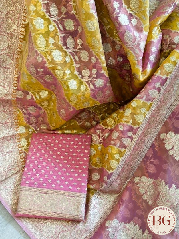 Kora banarasi saree - yellow pink