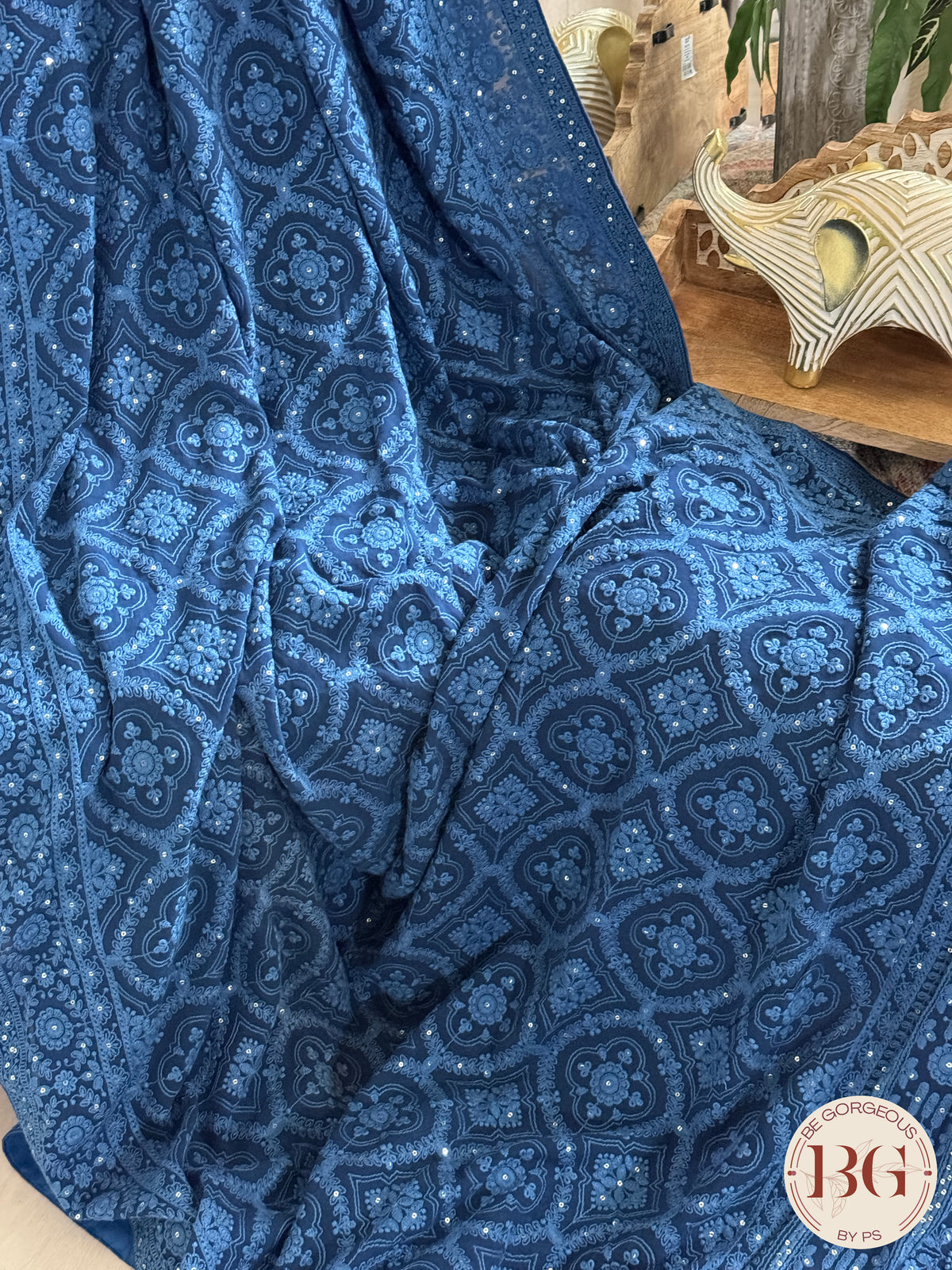 Chikankari on georgette with sequin - Blue