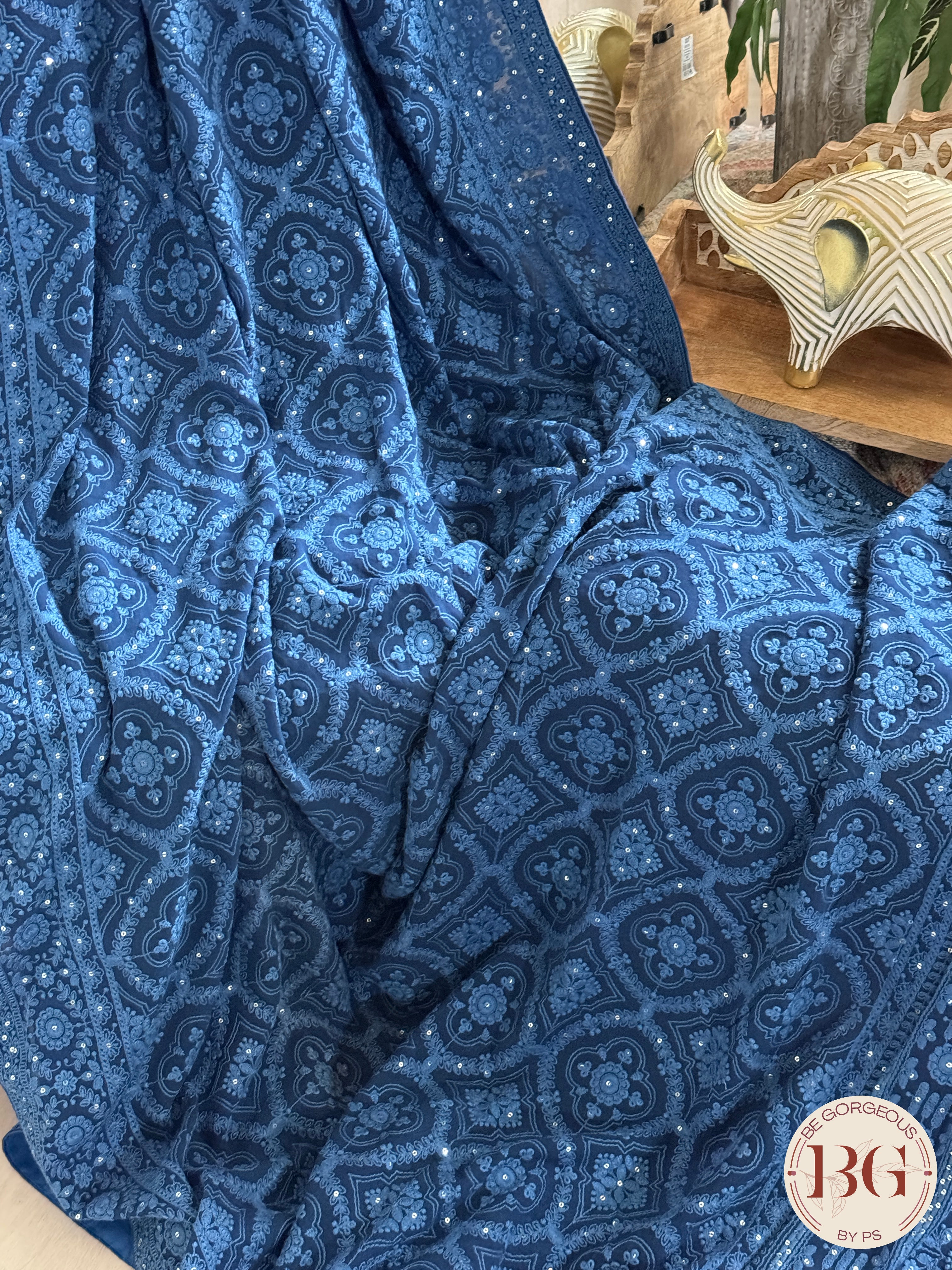 Chikankari on georgette with sequin - Blue