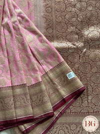 Pure Banarasi Handloom Katan Silk Contrast Border Pallu Golden Zari Cutwork Weaving Saree - Baby Pink
Silkmark certfiied