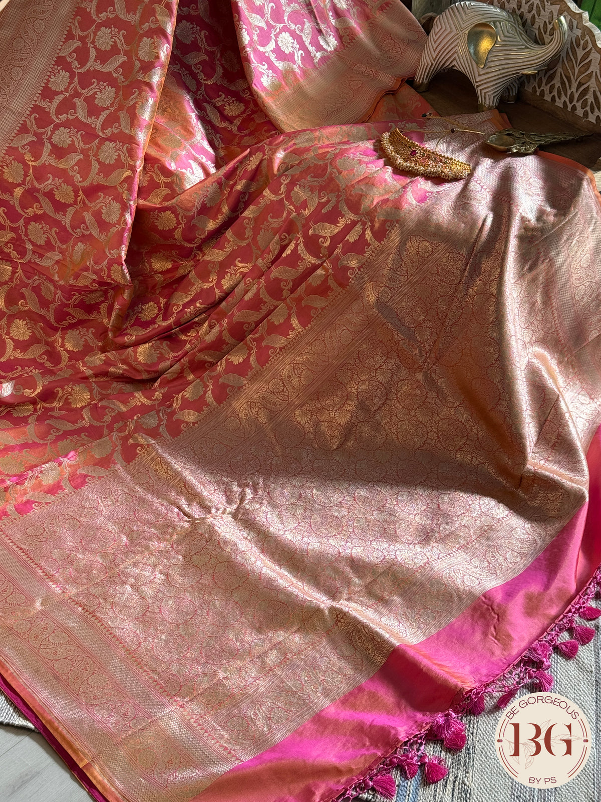 Pure Banarasi Handloom Katan Silk Contrast Border Pallu Golden Zari Cutwork Weaving Saree - Pink Orange
Silkmark certfiied