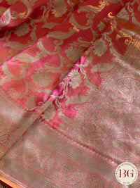Pure Banarasi Handloom Katan Silk Contrast Border Pallu Golden Zari Cutwork Weaving Saree - Pink Orange
Silkmark certfiied