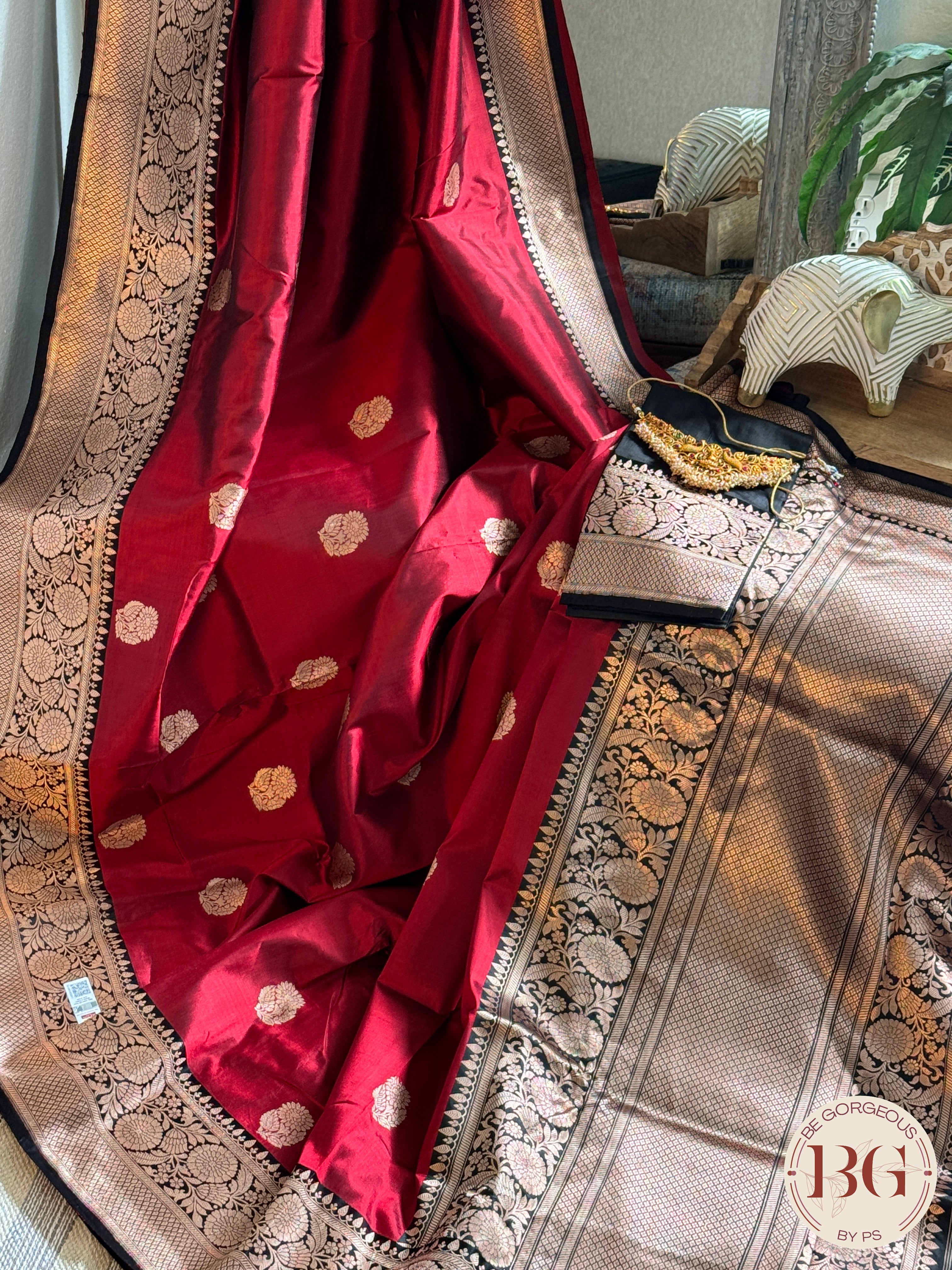 Pure Banarasi Handloom Katan Silk Kadhua Weaved Contrast Border Pallu Saree - Red Black
Silkmark certfiied