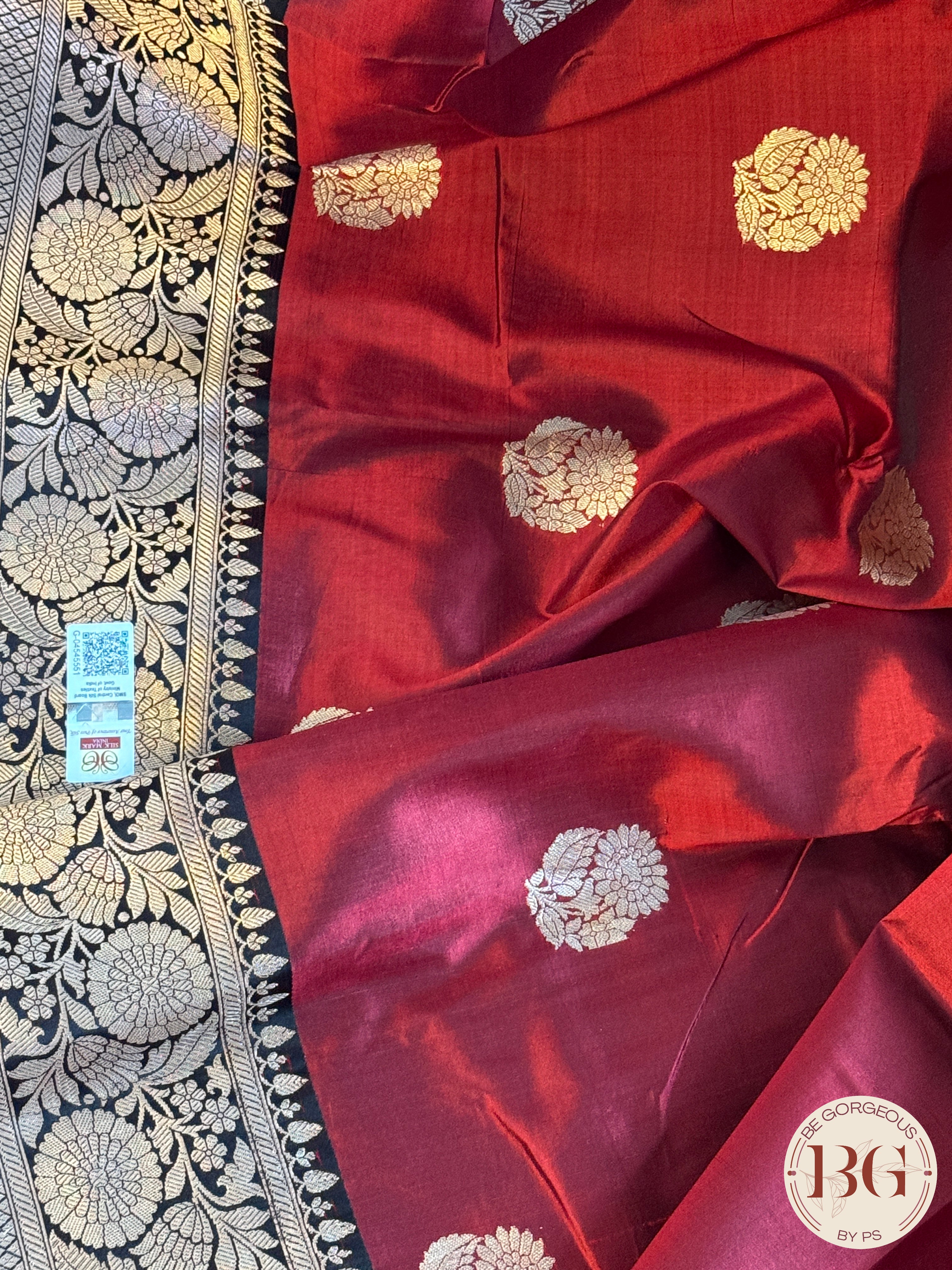 Pure Banarasi Handloom Katan Silk Kadhua Weaved Contrast Border Pallu Saree - Red Black
Silkmark certfiied