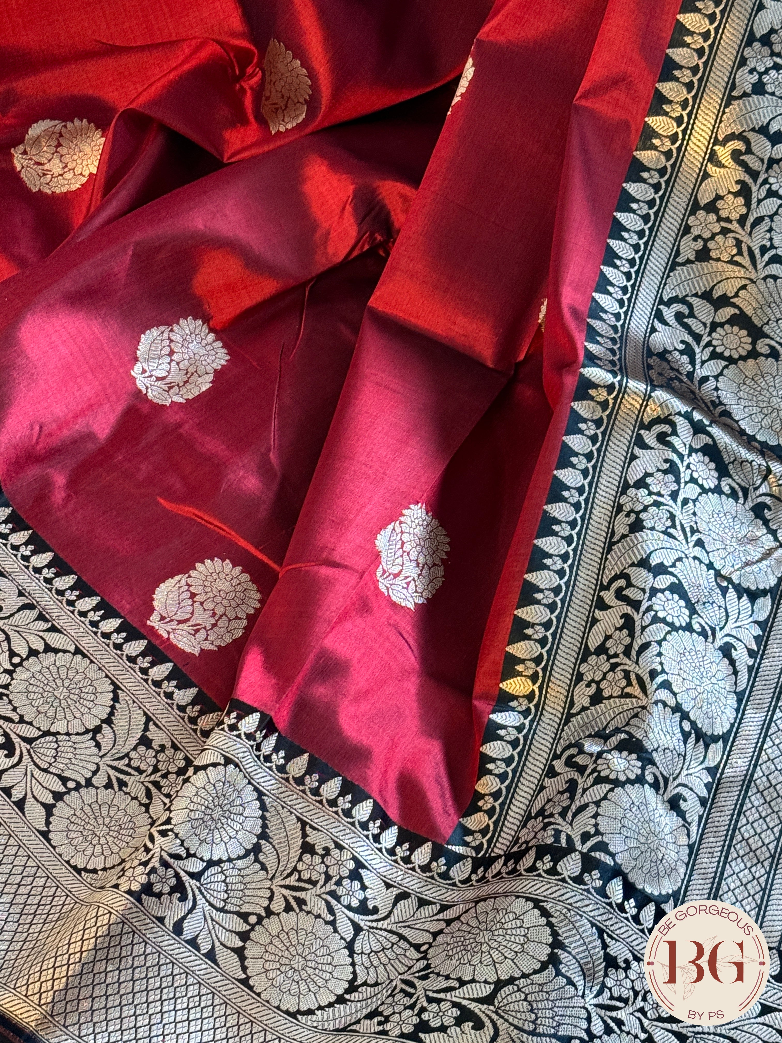 Pure Banarasi Handloom Katan Silk Kadhua Weaved Contrast Border Pallu Saree - Red Black
Silkmark certfiied