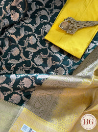 Pure Banarasi Handloom Katan Silk Contrast Border Pallu Golden Zari Cutwork Weaving Saree - Green Yellow
Silkmark certfiied