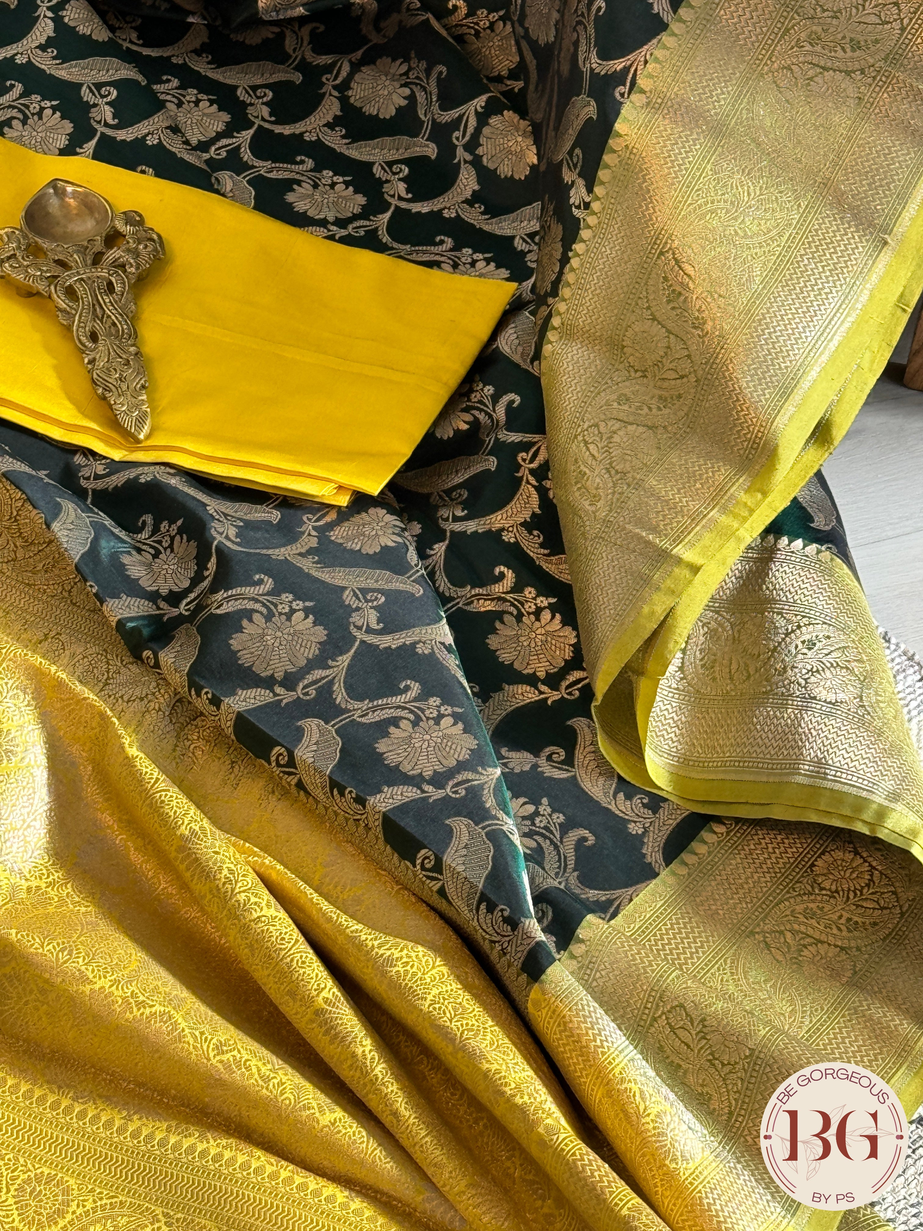 Pure Banarasi Handloom Katan Silk Contrast Border Pallu Golden Zari Cutwork Weaving Saree - Green Yellow
Silkmark certfiied