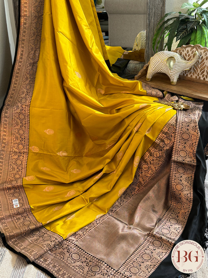 Pure Banarasi Handloom Katan Silk Kadhua Weaved Contrast Border Pallu Saree - Yellow Black
Silkmark certfiied