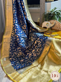 Pure Banarasi Handloom Katan Silk Contrast Border Pallu Golden Zari Cutwork Weaving Saree - Blue Green
Silkmark certfiied