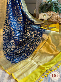 Pure Banarasi Handloom Katan Silk Contrast Border Pallu Golden Zari Cutwork Weaving Saree - Blue Green
Silkmark certfiied