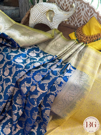 Pure Banarasi Handloom Katan Silk Contrast Border Pallu Golden Zari Cutwork Weaving Saree - Blue Green
Silkmark certfiied