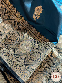 Pure Banarasi Handloom Katan Silk Kadhua Weaved Contrast Border Pallu Saree - Turqoise Black
Silkmark certfiied