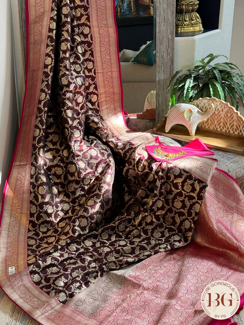 Pure Banarasi Handloom Katan Silk Contrast Border Pallu Golden Zari Cutwork Weaving Saree - Maroon Megenta
Silkmark certfiied